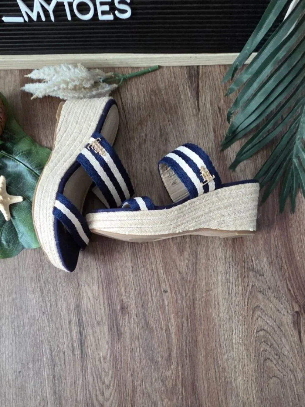 Lands End Navy/White Espadrille Slide Jute 2 Strap Wedge Sandal SZ 8